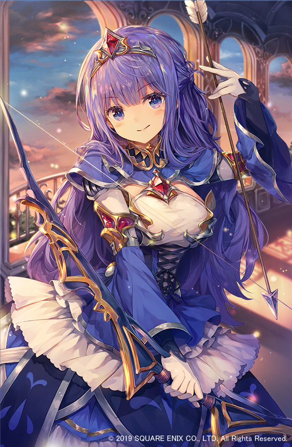 1girl arrow blue_dress blue_sky blush bow_(weapon) breasts character_request closed_mouth clouds cloudy_sky commentary_request dress grimms_echoes head_tilt holding holding_arrow holding_bow_(weapon) holding_weapon indoors long_hair long_sleeves medium_breasts purple_hair roll_okashi sky sleeves_past_wrists smile solo sunset tiara underbust very_long_hair violet_eyes watermark weapon