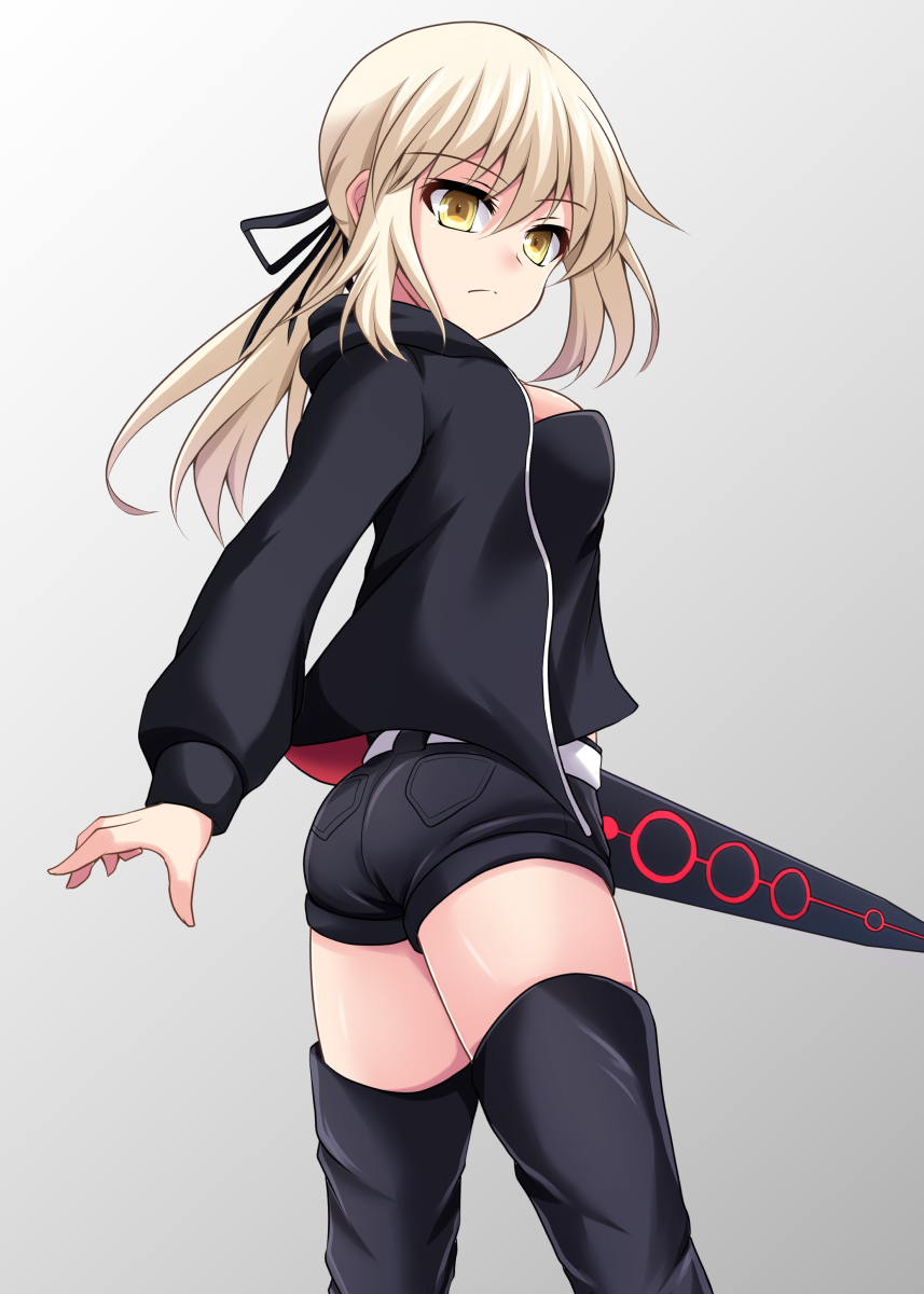 1girl artoria_pendragon_(all) artoria_pendragon_(swimsuit_rider_alter) ass bangs belt black_jacket blonde_hair breasts cross_(crossryou) eyebrows_visible_through_hair fate/grand_order fate_(series) from_behind grey_background hair_ribbon highres hood hoodie jacket long_hair looking_back medium_breasts open_clothes open_hoodie open_jacket ribbon short_shorts shorts solo standing sword thigh-highs weapon yellow_eyes