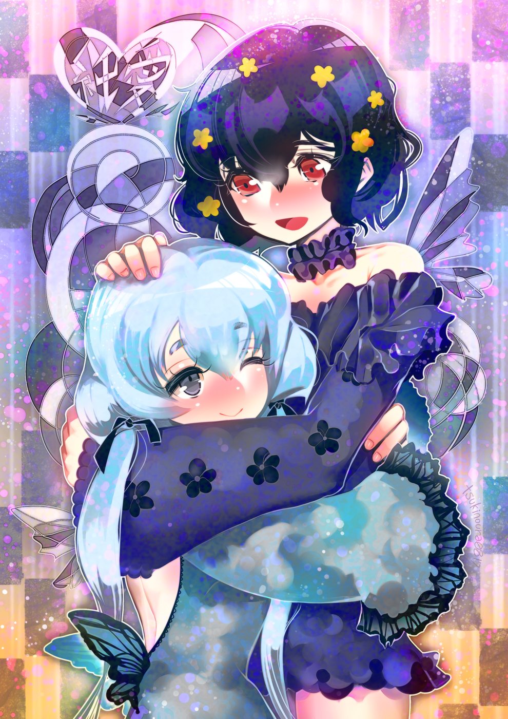 2girls backless_outfit black_hair blush butterfly_wings closed_mouth collar eyebrows_visible_through_hair flower grey_eyes hair_flower hair_ornament hair_ribbon hakkasame hand_on_another's_head heart highres hug konno_junko long_hair long_sleeves low_twintails mizuno_ai multiple_girls one_eye_closed open_mouth red_eyes ribbon short_hair silver_hair smile twintails wings yuri zombie_land_saga