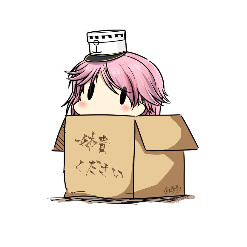 1girl anchor_symbol box cardboard_box dated giuseppe_garibaldi_(kantai_collection) hat hatsuzuki_527 in_box in_container kantai_collection pink_hair short_hair simple_background solid_oval_eyes solo translated twitter_username white_background white_headwear