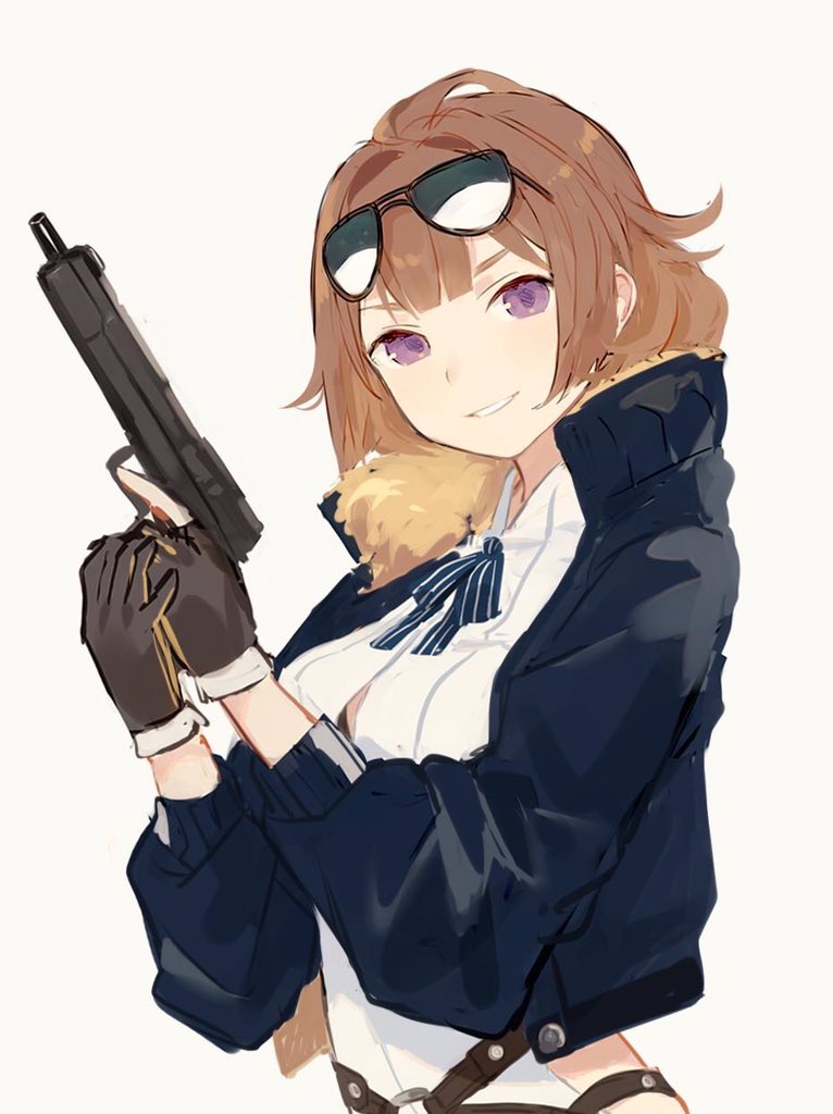 1girl ahoge aviator_sunglasses brown_gloves brown_hair cowboy_shot eyewear_on_head girls_frontline gloves grizzly_mkv_(girls_frontline) gun handgun jacket looking_at_viewer neck_ribbon pistol ribbon smile solo sunglasses tarouoga violet_eyes weapon