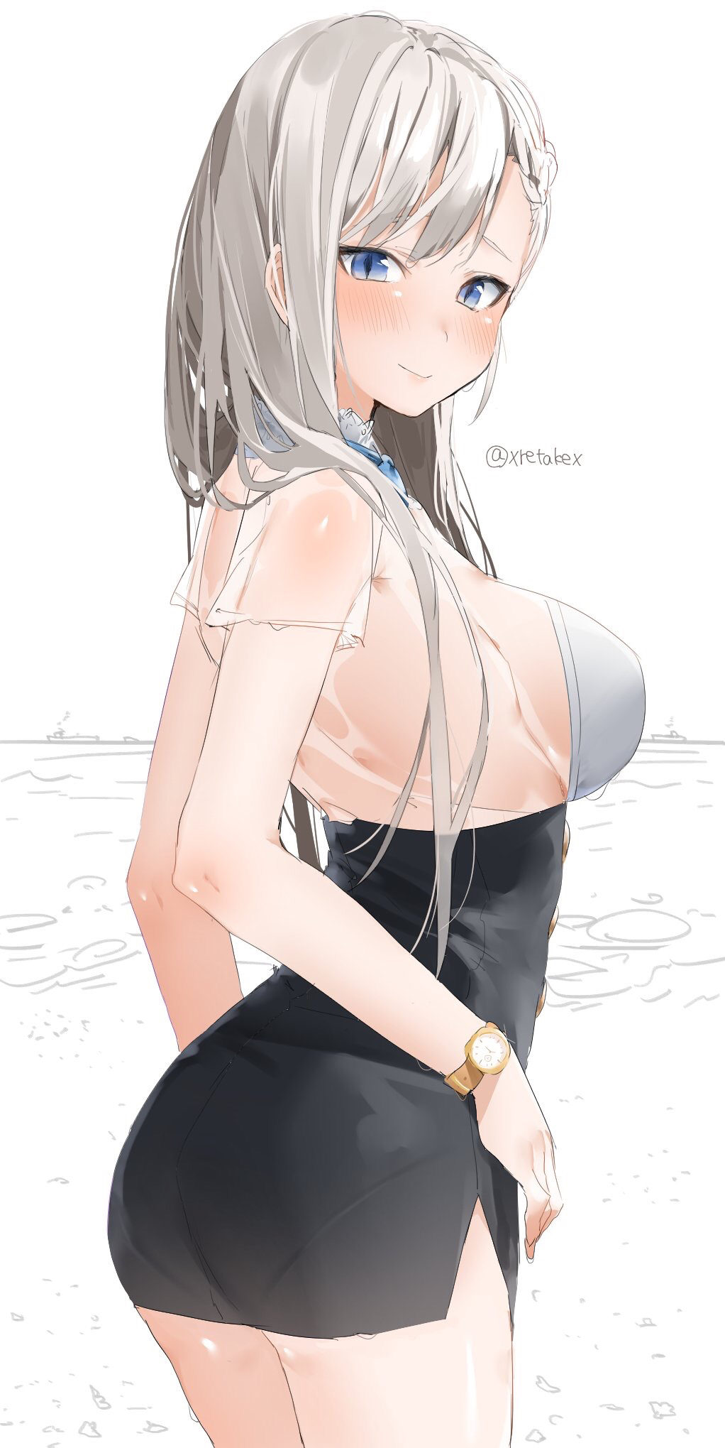 1girl ass azur_lane bangs belfast_(azur_lane) blouse blue_eyes blush braid breasts closed_mouth eyebrows_visible_through_hair from_side high-waist_skirt highres large_breasts long_hair looking_at_viewer looking_back see-through silver_hair skirt slit_pupils smile solo twitter_username watch watch wet wet_clothes white_blouse xretakex