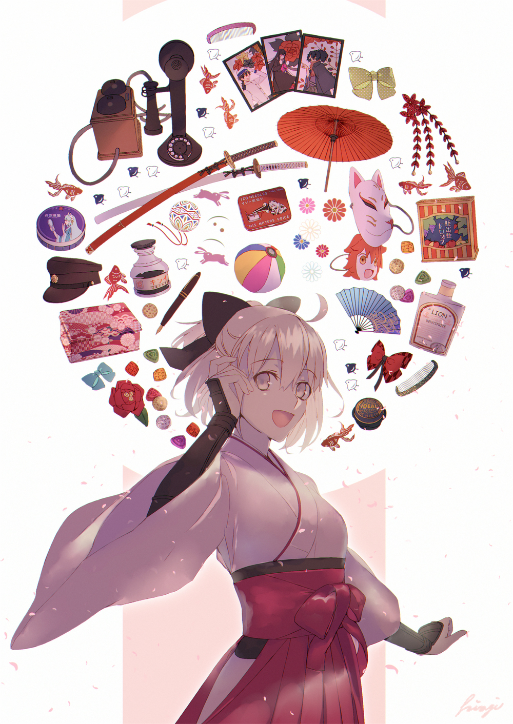 1girl :d ahoge ball bare_hips beachball black_bow blonde_hair bottle bow bowtie_removed fate_(series) fish flower fujimaru_ritsuka_(female) gem hair_between_eyes hair_bow hakama hand_in_hair hat hat_removed headwear_removed highres japanese_clothes kibou kimono koha-ace long_sleeves looking_at_viewer mask okita_souji_(fate) okita_souji_(fate)_(all) open_mouth oriental_umbrella peaked_cap pen red_flower red_hakama red_umbrella sheath sheathed shiny shiny_hair short_hair short_ponytail signature simple_background smile solo standing sword umbrella weapon white_background white_kimono wide_sleeves yellow_eyes