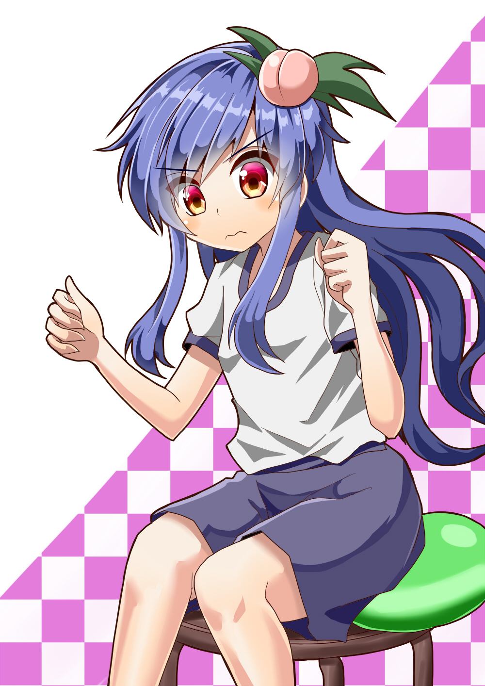 1girl alternate_costume arms_up balloon blue_hair blue_shorts breasts checkered checkered_background clenched_hands commentary_request eyebrows_visible_through_hair feet_out_of_frame food_themed_hair_ornament frown furrowed_eyebrows gym_uniform hair_ornament head_tilt highres hinanawi_tenshi leaf_hair_ornament long_hair looking_at_viewer peach_hair_ornament red_eyes shirt short_sleeves shorts sidelocks sitting sitting_on_object sleeve_cuffs small_breasts solo stool sugiyama_ichirou touhou very_long_hair wavy_mouth white_background white_shirt