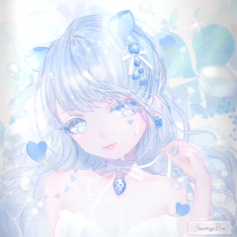 1girl bangs bare_shoulders blue_eyes blue_hair bow choker closed_mouth clover dress english_text facial_mark four-leaf_clover hair_ornament heart lips long_hair looking_at_viewer mimumiri original solo strapless strapless_dress upper_body white_bow white_dress