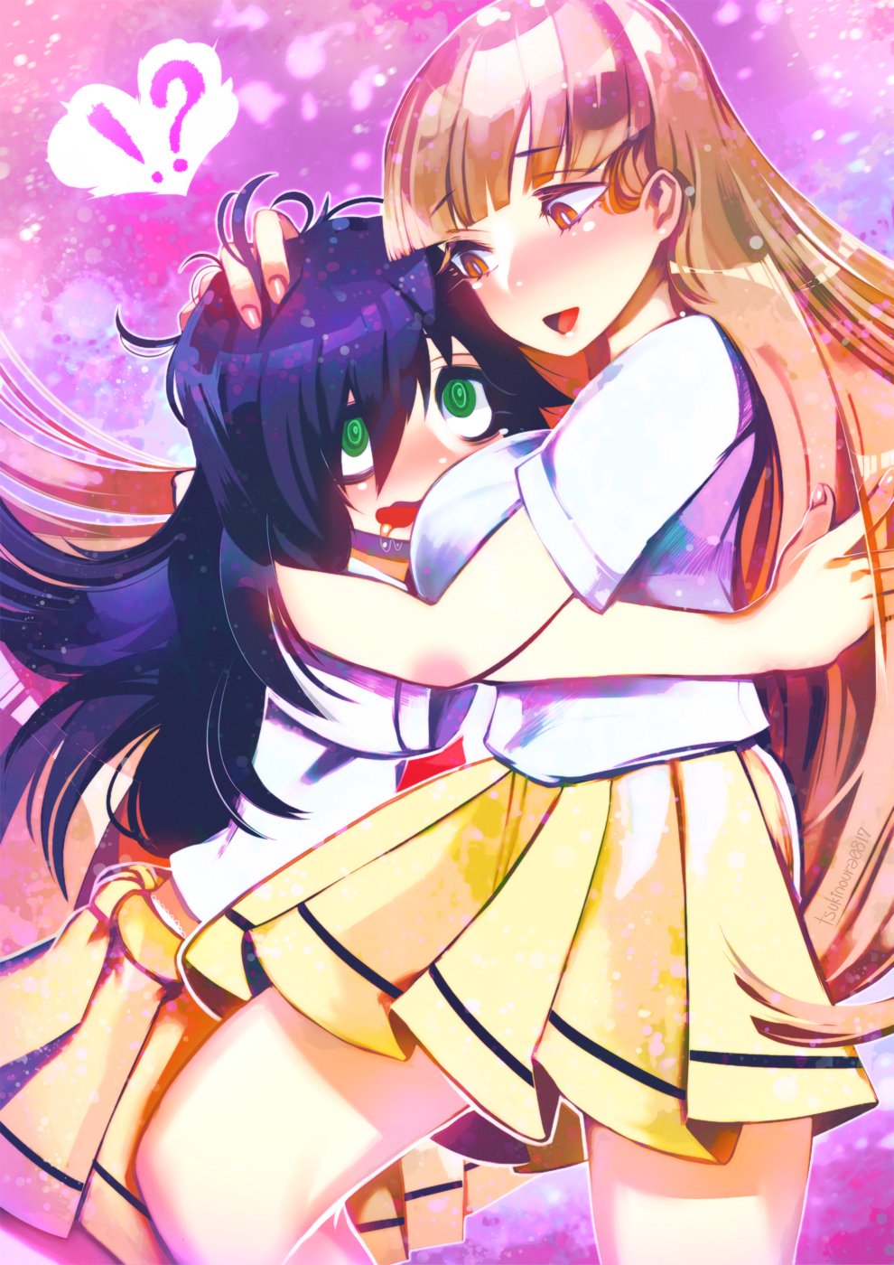 2girls black_hair blonde_hair blush breast_press green_eyes hakkasame hand_in_another's_hair hand_on_another's_head heart highres hug katou_asuka kuroki_tomoko long_hair looking_at_another multiple_girls open_mouth saliva skirt smile watashi_ga_motenai_no_wa_dou_kangaetemo_omaera_ga_warui! yellow_eyes yuri