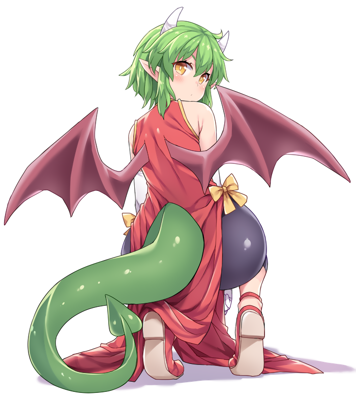 1girl armpit_crease between_legs bike_shorts blush china_dress chinese_clothes draco_centauros dragon_girl dragon_horns dragon_tail dragon_wings dress elbow_gloves expressionless from_behind full_body gloves green_hair hand_between_legs hasu_(hk_works) horns looking_at_viewer looking_back pointy_ears puyopuyo red_footwear shadow short_hair shorts_under_dress simple_background solo squatting tail white_background white_gloves wings yellow_eyes