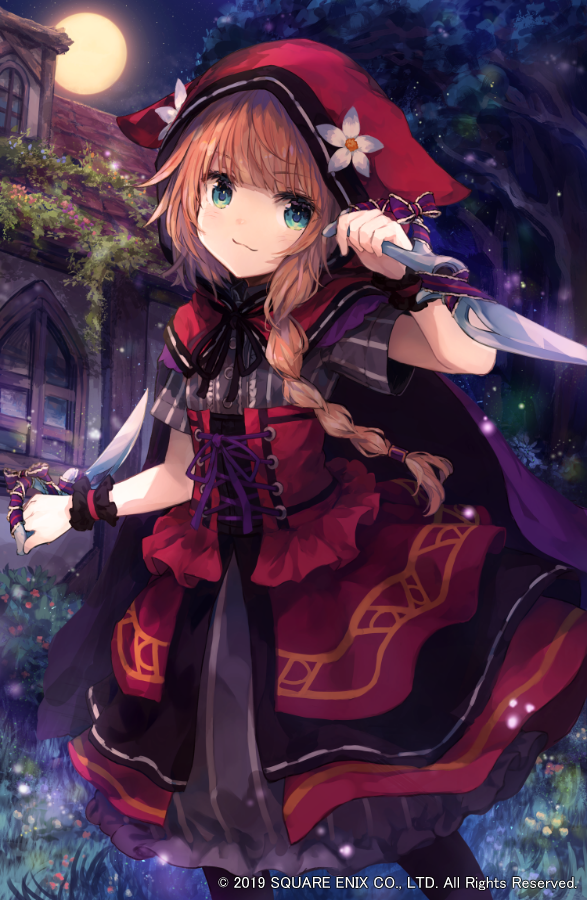 1girl black_legwear blush braid brown_hair character_request closed_mouth commentary_request dagger dress dual_wielding full_moon green_eyes grey_dress grimms_echoes holding holding_dagger holding_weapon house long_hair moon night night_sky outdoors pantyhose red_skirt roll_okashi short_sleeves single_braid skirt sky smile solo striped tree vertical-striped_dress vertical_stripes watermark weapon window wrist_cuffs