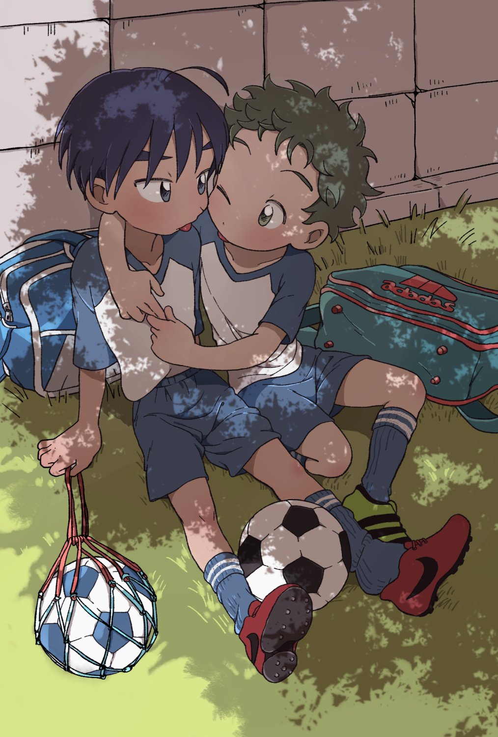 :p ;p ball black_hair blush green_hair highres looking_at_viewer one_eye_closed original shade soccer soccer_ball soccer_uniform sportswear taremayuzou telstar tongue tongue_out yaoi