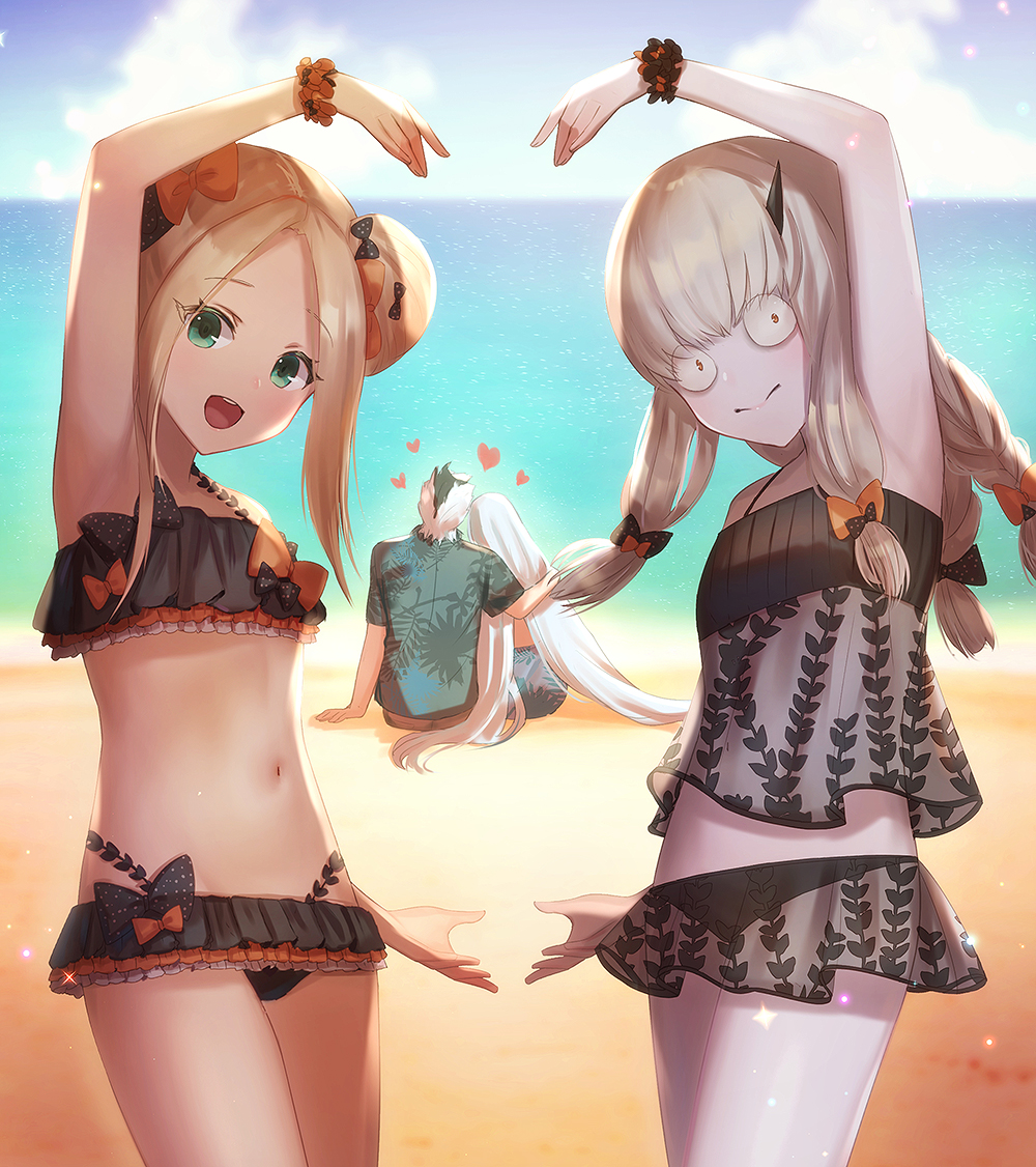 1boy 3girls abigail_williams_(fate/grand_order) bangs bare_shoulders bikini black_bikini black_bow blonde_hair blue_eyes blush bow breasts brynhildr_(fate) closed_mouth dolce_(dolsuke) double_bun emerald_float fate/grand_order fate/prototype fate/prototype:_fragments_of_blue_and_silver fate_(series) forehead frilled_bikini frills hair_bow heart_arms horn lavinia_whateley_(fate/grand_order) long_hair multiple_girls navel ocean open_mouth orange_bow parted_bangs polka_dot polka_dot_bow red_eyes sidelocks sigurd_(fate/grand_order) small_breasts smile swimsuit white_hair white_skin wide-eyed