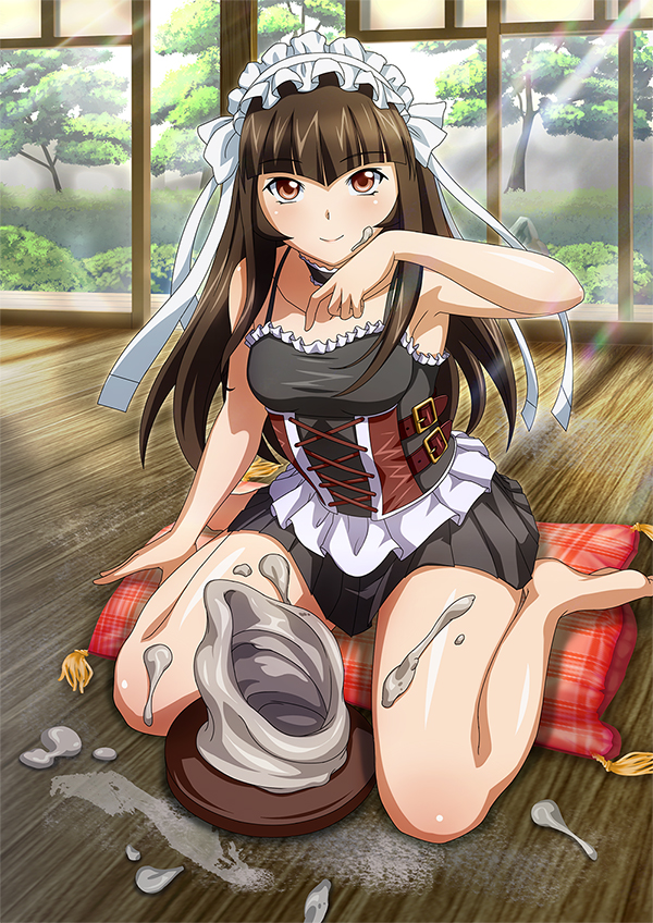 1girl armpits bangs barefoot black_dress bow breasts brown_eyes brown_hair choker closed_mouth collarbone dress frilled_dress frills hair_bow headdress ikkitousen indoors long_hair looking_at_viewer pleated_dress shiny shiny_hair shiny_skin short_dress sitting sleeveless sleeveless_dress small_breasts smile solo sunlight ten'i_(ikkitousen) wariza white_bow wooden_floor
