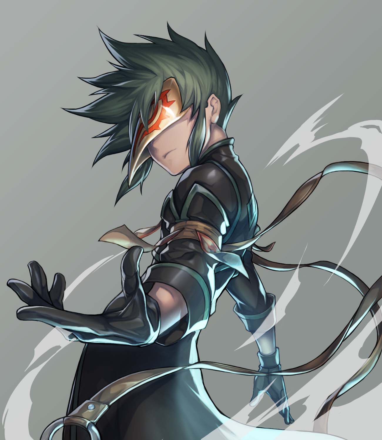 1boy black_coat black_gloves closed_mouth cowboy_shot gloves green_hair grey_background highres katsutake male_focus mask outstretched_hand simple_background solo spiky_hair sync tales_of_(series) tales_of_the_abyss