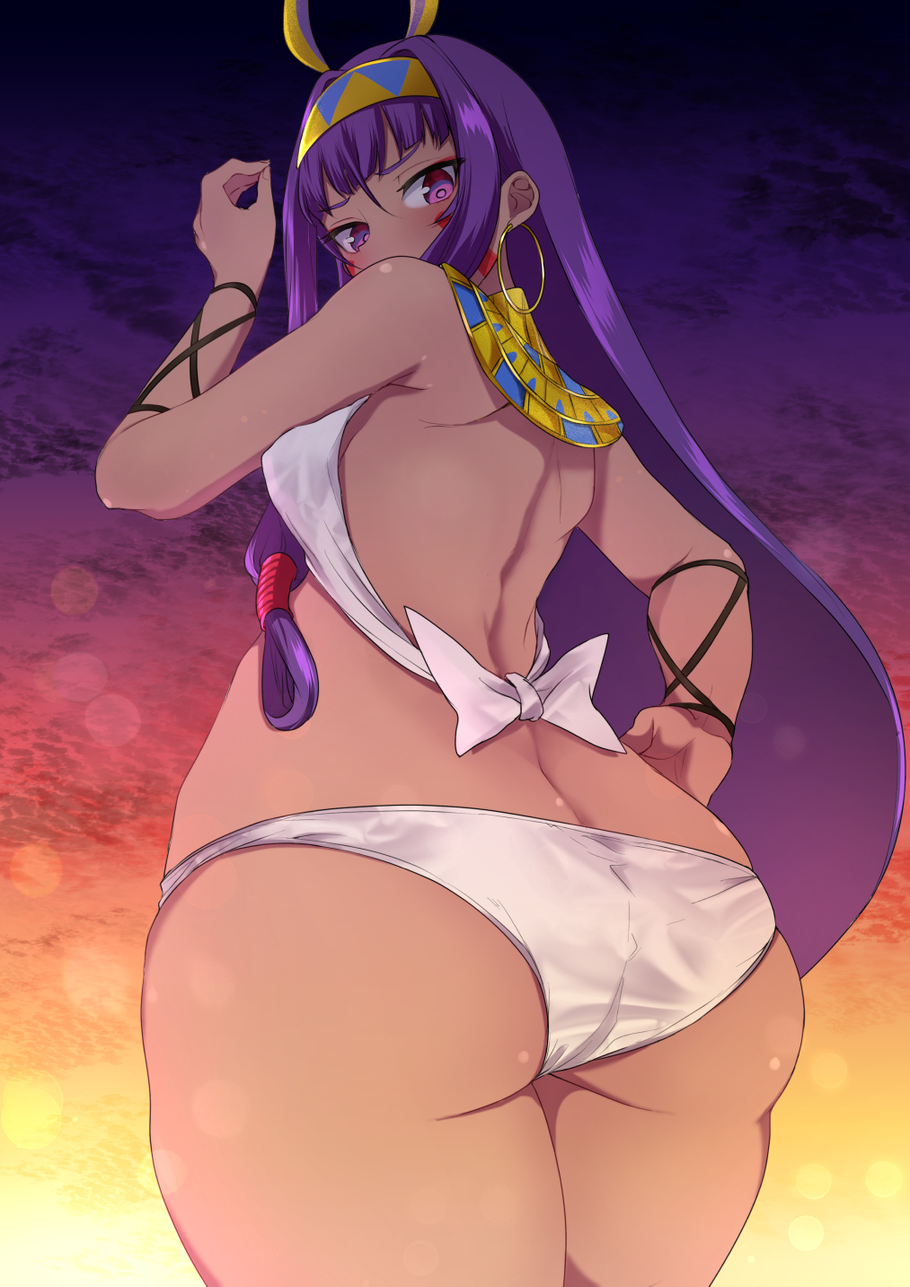 1girl animal_ears ass back bangs bare_shoulders blunt_bangs blush breasts dark_skin earrings facepaint facial_mark fate/grand_order fate_(series) hair_between_eyes hairband highres hoop_earrings jackal_ears jewelry long_hair looking_at_viewer looking_back low-tied_long_hair medium_breasts nitocris_(fate/grand_order) panties purple_hair rikosyegou sidelocks solo thighs twilight underwear usekh_collar very_long_hair violet_eyes