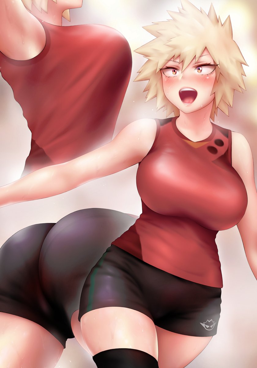 1girl ass blonde_hair blush boku_no_hero_academia breasts character_request copyright_request highres large_breasts multiple_views open_mouth short_hair short_shorts shorts shpo smile solo thigh-highs thighs