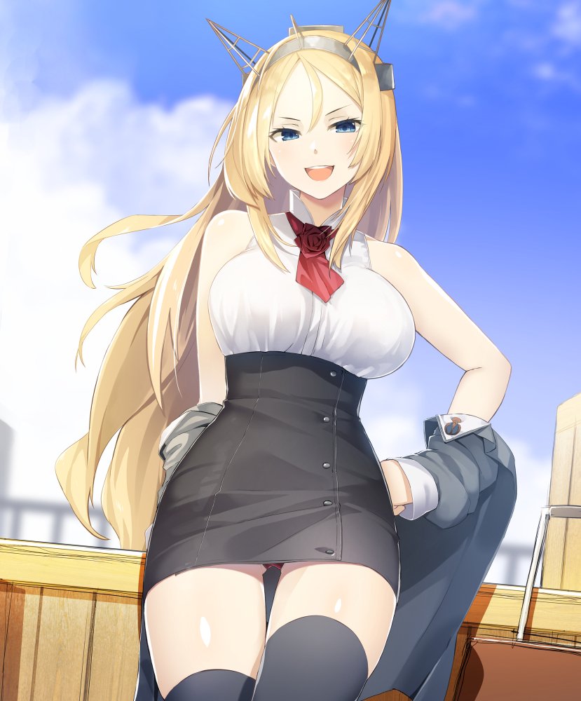 1girl :d bangs blonde_hair blue_eyes blush breasts cowboy_shot day flower grey_jacket grey_legwear grey_skirt hair_between_eyes hairband hand_on_hip headgear high-waist_skirt jacket kantai_collection large_breasts long_hair long_sleeves looking_at_viewer luggage meth_(emethmeth) military military_uniform nelson_(kantai_collection) off_shoulder open_mouth outdoors panties parted_bangs red_flower red_panties red_rose rose shirt sidelocks skirt sleeveless sleeveless_shirt smile solo thigh-highs underwear uniform white_shirt