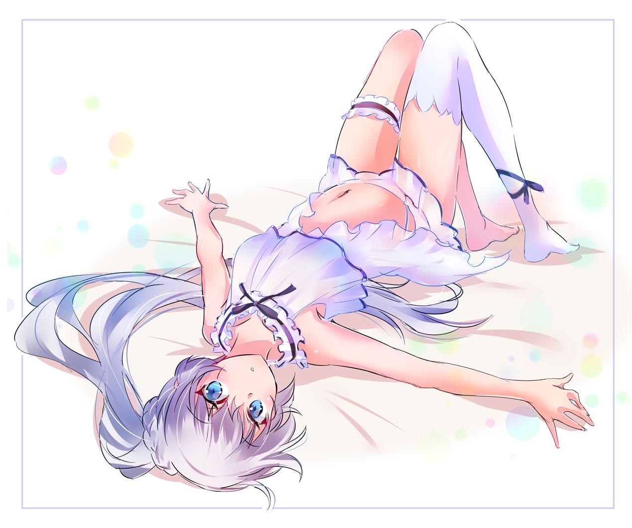 1girl bed blue_eyes collarbone iesupa long_hair lying midriff navel on_back ponytail rwby scar scar_across_eye single_garter single_thighhigh sleepwear solo thigh-highs translucent weiss_schnee white_hair