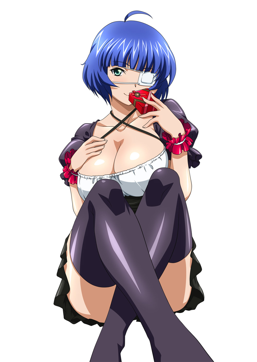 1girl ahoge bangs black_legwear black_skirt blue_hair blunt_bangs box breasts collarbone criss-cross_halter crossed_legs eyebrows_visible_through_hair eyepatch gift gift_box green_eyes halterneck highres holding holding_box ikkitousen large_breasts looking_at_viewer miniskirt pleated_skirt ryomou_shimei shiny shiny_hair shiny_skin short_hair short_sleeves simple_background sitting skirt smile solo thigh-highs white_background wrist_cuffs zettai_ryouiki