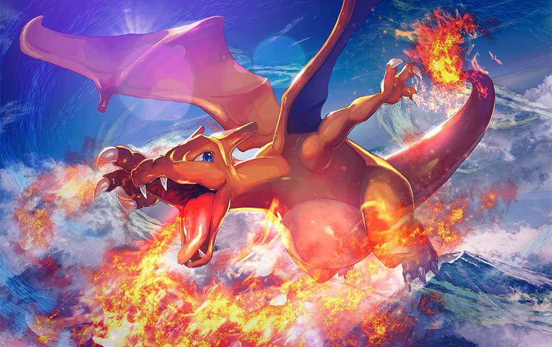 blue_eyes charizard day fire gen_1_pokemon lens_flare nijimaarc no_humans outdoors pokemon pokemon_(creature)