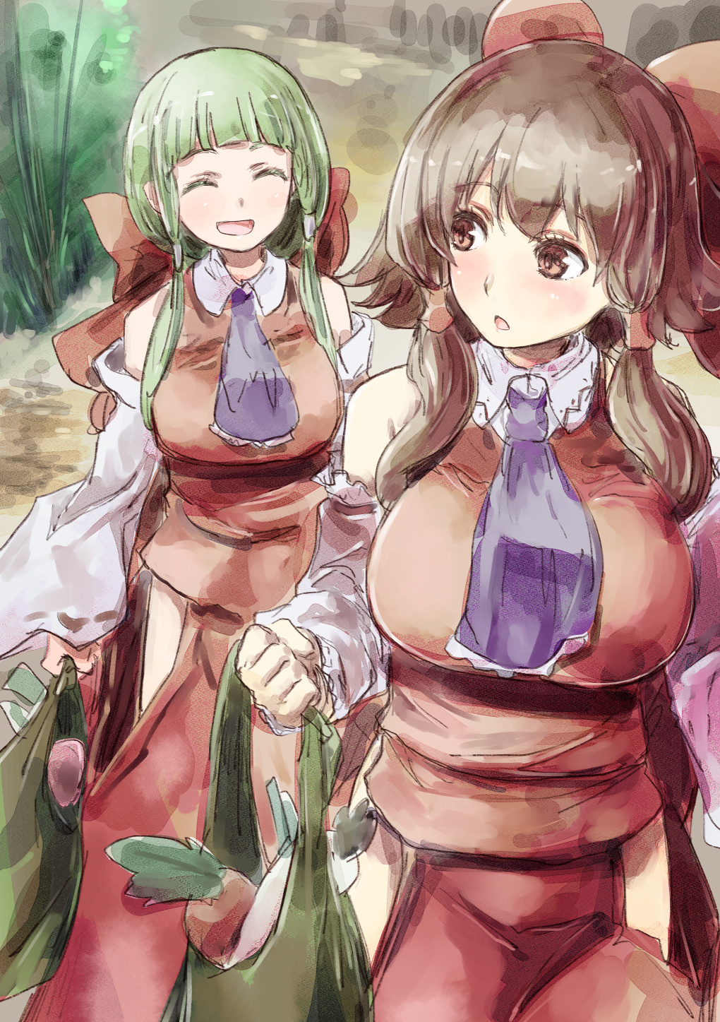 2girls ^_^ adapted_costume ascot bag bangs bare_shoulders blunt_bangs bow breasts brown_hair carrot closed_eyes cosplay daikon detached_sleeves green_hair hair_bow hair_tubes hakurei_reimu hakurei_reimu_(cosplay) highres kochiya_sanae large_breasts long_hair multiple_girls open_mouth red_eyes short_hair_with_long_locks sidelocks skirt smile spring_onion touhou yohane