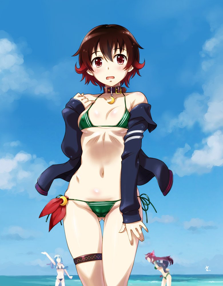 3girls adapted_costume ass_visible_through_thighs beach bikini blue_jacket blue_sky breasts brown_hair choker clouds collarbone cowboy_shot crescent crescent_moon crescent_moon_pin day gradient_hair green_bikini horizon jacket kantai_collection kisaragi_(kantai_collection) looking_at_viewer moon multicolored_hair multiple_girls mutsuki_(kantai_collection) navel outdoors redhead sameha_ikuya samidare_(kantai_collection) short_hair side-tie_bikini sky small_breasts solo_focus swimsuit thigh-highs