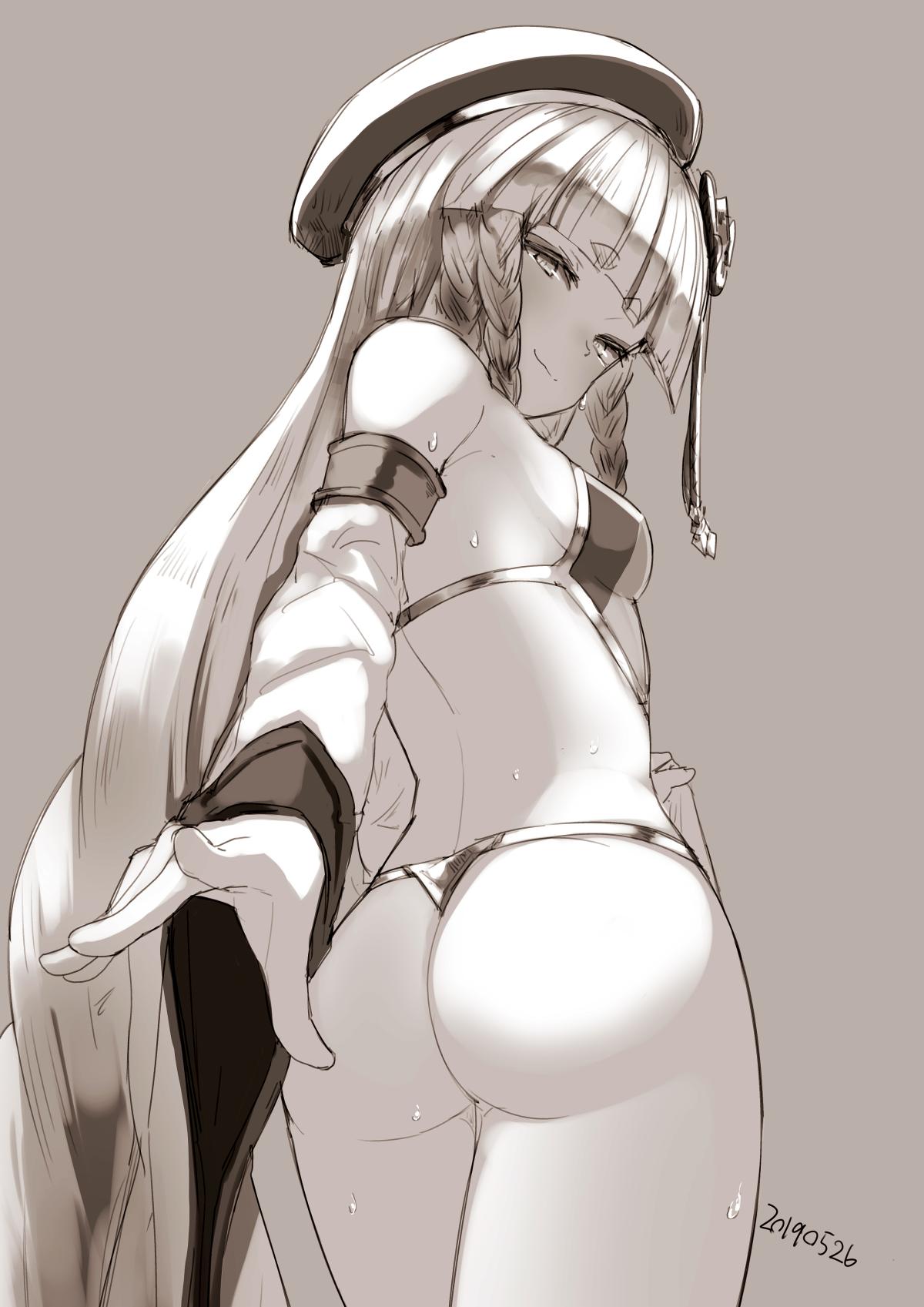 1girl ass bangs bare_shoulders beret blunt_bangs braid breasts closed_mouth commentary_request eyebrows_visible_through_hair from_behind granblue_fantasy grey_background greyscale hat highres long_hair looking_at_viewer looking_back monochrome nosuku pholia signature simple_background small_breasts smile solo sweat sweatdrop thighs wide_sleeves