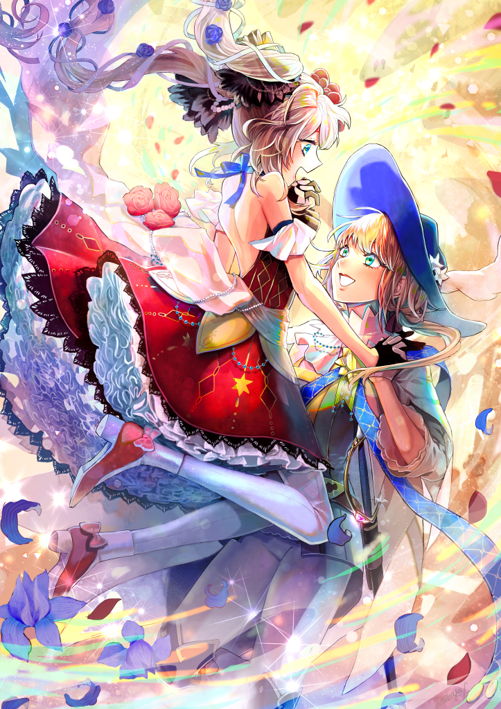 1girl 1other androgynous cape chevalier_d'eon_(fate/grand_order) dress fate/grand_order fate_(series) flower fujisaki_(salotube) hair_flower hair_ornament hair_ribbon happy hat interlocked_fingers jumping marie_antoinette_(fate/grand_order) open_mouth petals petticoat plume profile red_dress ribbon sash sheath sheathed skirt smile sword twintails weapon
