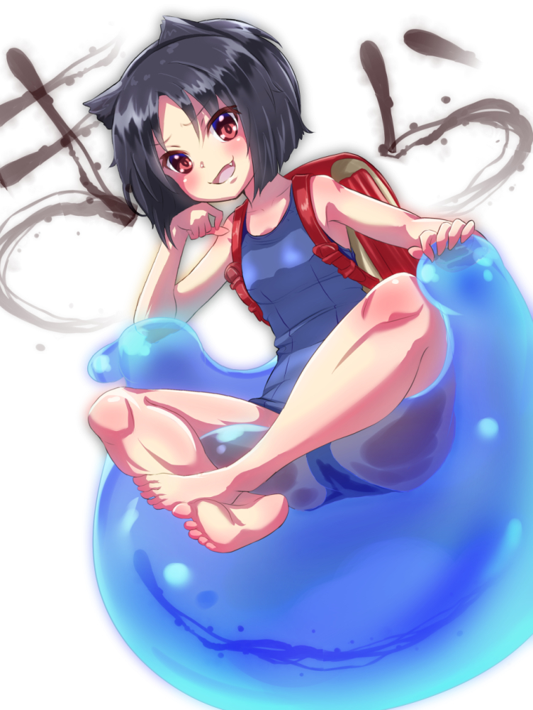 1girl :d animal_ears arcana_heart backpack bag bare_legs barefoot black_hair blue_swimsuit blush breasts cat_ears character_name daidouji_kira eyebrows_visible_through_hair fang hand_up looking_at_viewer one-piece_swimsuit open_mouth rabittofaa randoseru red_eyes school_swimsuit short_hair sitting small_breasts smile solo swimsuit white_background