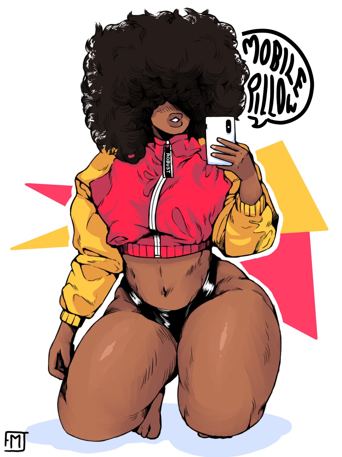 1girl afro barefoot big_hair black_hair black_panties blush cellphone crop_top dark_skin fullmetaljack hair_over_eyes highres jacket kneeling letterman_jacket lips navel panties phone photo-referenced puckered_lips real_life self_shot smartphone solo thick_thighs thighs toes underwear very_dark_skin zipper