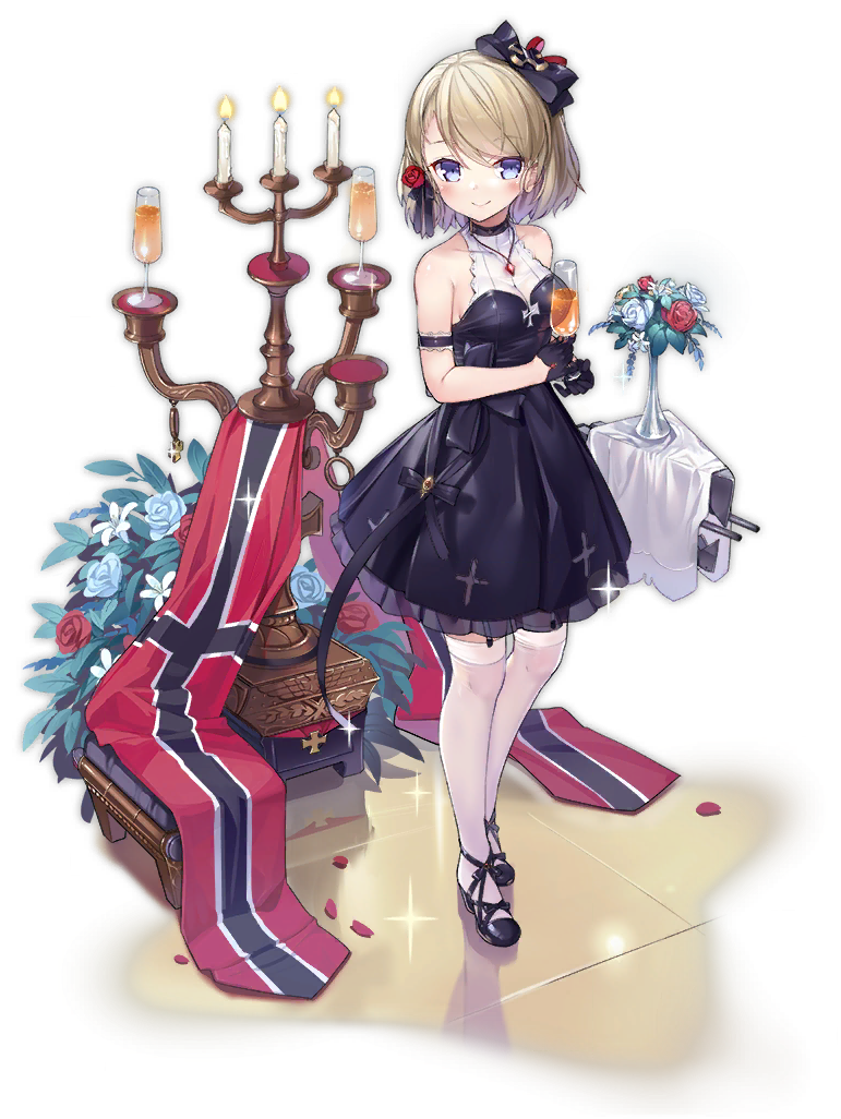 1girl :d arm_garter azur_lane bangs bare_shoulders black_bow black_dress black_footwear black_gloves black_ribbon blue_eyes blush bow breasts brown_hair burning candelabra candle champagne_flute closed_mouth cup dress drink drinking_glass eyebrows_visible_through_hair fire flower garter_straps gloves hair_bow hair_flower hair_ornament hair_ribbon half_gloves holding holding_cup hurricane_glass iron_cross kaede_(003591163) medium_breasts nose_blush official_art open_mouth pleated_dress red_flower red_rose ribbon rose see-through shoes short_hair sleeveless sleeveless_dress smile solo sparkle standing sweat thigh-highs transparent_background vase white_flower white_legwear white_rose z23_(azur_lane)