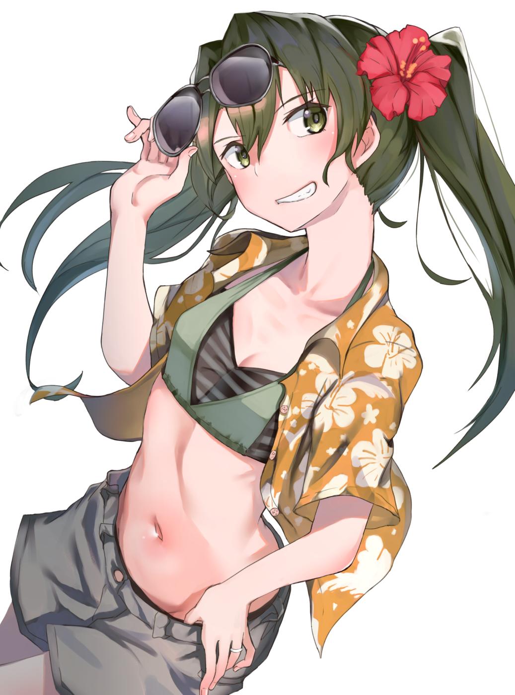 1girl adjusting_eyewear bangs bikini blush breasts collarbone green_bikini green_eyes green_hair grey_shorts grin groin hair_ribbon hawaiian_shirt head_tilt hibsicus highres kabayaki_namazu kantai_collection long_hair looking_at_viewer navel open_clothes open_shirt ribbon shirt shorts shorts_tug sidelocks simple_background small_breasts smile solo stomac sunglasses swimsuit twintails white_background zuikaku_(kantai_collection)