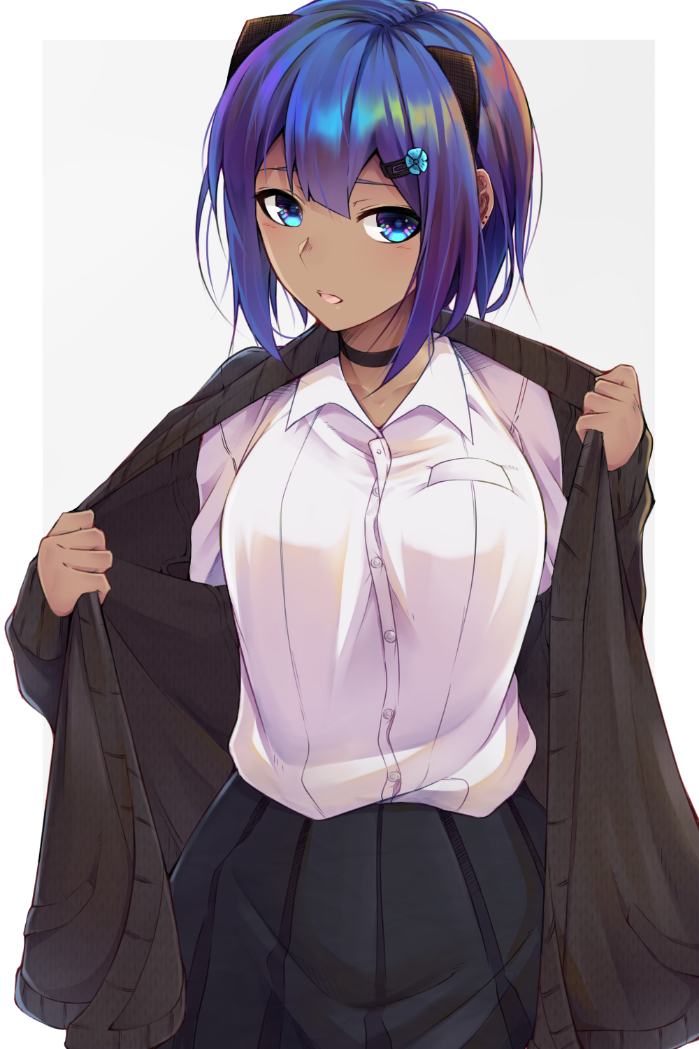 1girl bangs black_cardigan black_choker black_hairband blue_eyes blush breasts cardigan choker commentary_request cowboy_shot dark_skin dress_shirt eyebrows_behind_hair fate/grand_order fate/prototype fate/prototype:_fragments_of_blue_and_silver fate_(series) hair_between_eyes hair_ornament hairband hairclip hassan_of_serenity_(fate) highres open_mouth pleated_skirt purple_hair shirt shirt_tucked_in short_hair shunga_(shun608) simple_background skirt solo tan undressing uniform white_shirt