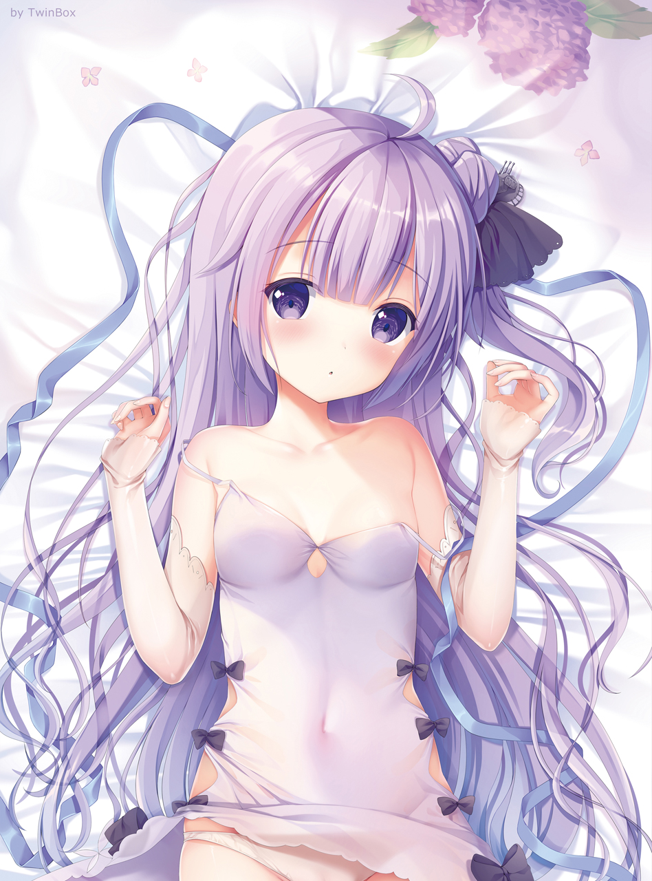 1girl :o ahoge artist_name azur_lane bangs bare_shoulders bed_sheet black_bow black_ribbon blush bow commentary_request covered_navel detached_sleeves dress eyebrows_visible_through_hair fingernails flower hair_bun hair_ribbon hands_up highres long_hair long_sleeves lying on_back panties parted_lips purple_flower purple_hair ribbon side_bun sleeveless sleeveless_dress sleeves_past_wrists solo sousouman strap_slip underwear unicorn_(azur_lane) very_long_hair violet_eyes white_dress white_panties white_sleeves