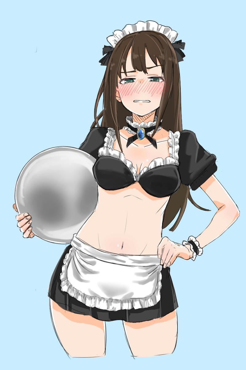 1girl apron blush brown_hair earrings hair_ribbon hand_on_hip highres idolmaster idolmaster_cinderella_girls jewelry long_hair maid maid_apron maid_bikini maid_headdress navel neck_ribbon ribbon shibuya_rin wasabijoyu76