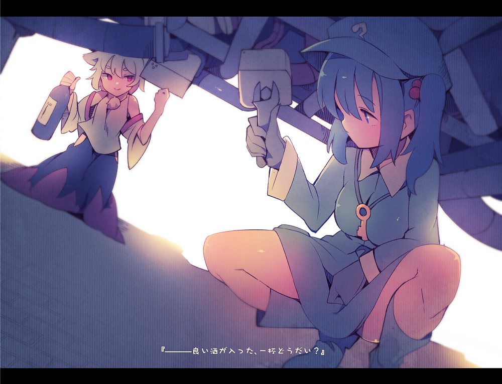 2girls animal_ears backlighting blue_eyes blue_footwear blue_hair blue_shirt blue_skirt boots bottle commentary_request detached_sleeves eyebrows_visible_through_hair flat_cap fuukadia_(narcolepsy) gloves hair_bobbles hair_ornament hat hip_vent inubashiri_momiji kawashiro_nitori key miniskirt multiple_girls red_eyes shirt skirt skirt_set squatting thick_eyebrows touhou translation_request two_side_up white_hair wolf_ears wrench