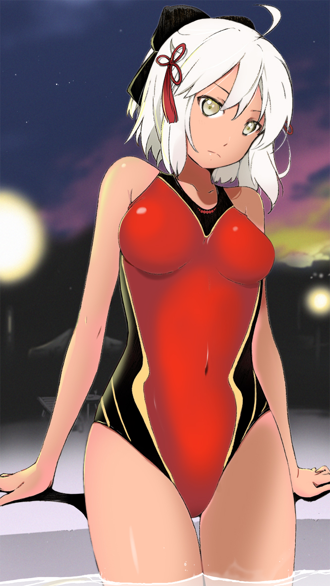 1girl ahoge arm_support black_bow blurry blurry_background bow breasts breasts_apart closed_mouth collarbone competition_swimsuit covered_navel cowboy_shot fate/grand_order fate_(series) hair_between_eyes hair_bow hair_ribbon head_tilt looking_at_viewer medium_breasts night night_sky okita_souji_(alter)_(fate) okita_souji_(fate)_(all) one-piece_swimsuit outdoors red_ribbon red_swimsuit ribbon short_hair silver_hair sky solo swimsuit thigh_gap wading yellow_eyes yoshinaga_yunosuke