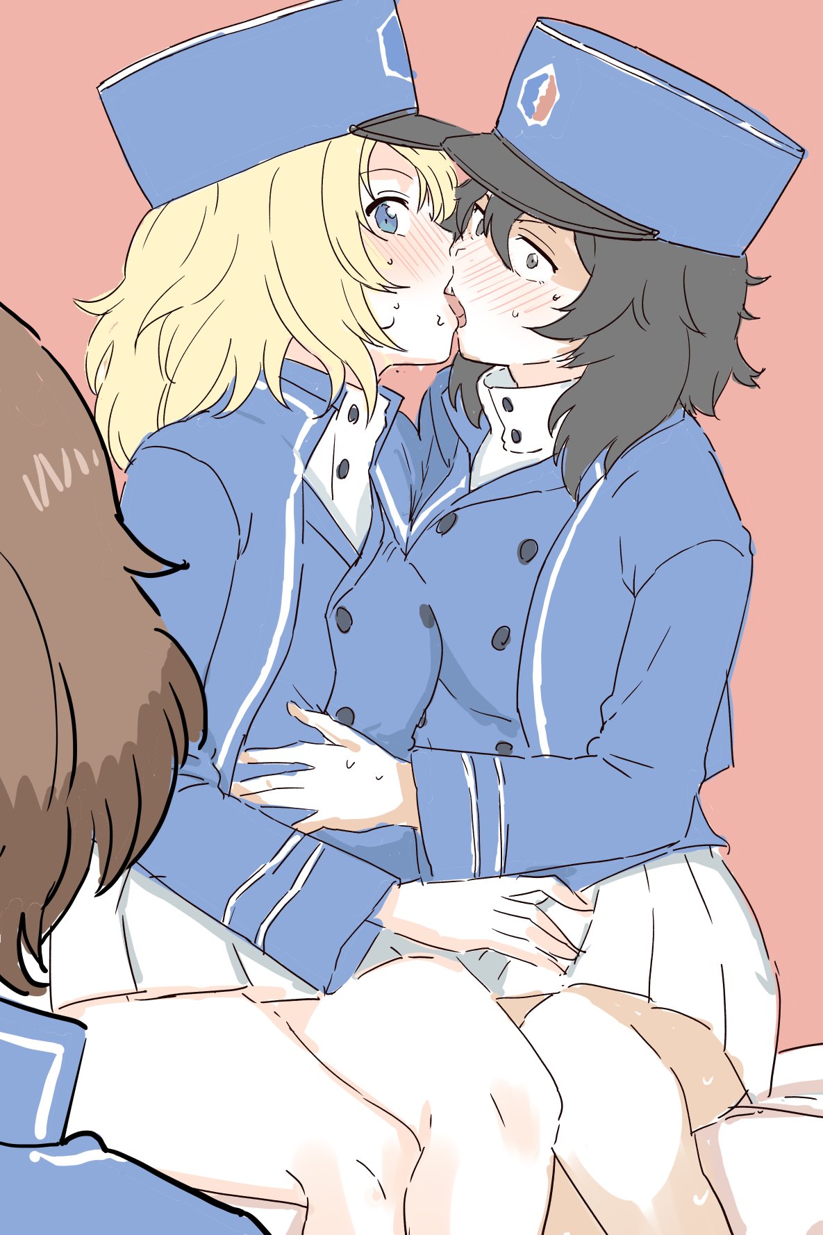 3girls akiyama_yukari andou_(girls_und_panzer) bangs bc_freedom_(emblem) bc_freedom_military_uniform black_hair blonde_hair blue_eyes blue_jacket blue_vest blush brown_eyes constricted_pupils dark_skin emblem french_kiss girls_und_panzer girls_und_panzer_saishuushou hat high_collar highres jacket kiss long_sleeves looking_at_another medium_hair messy_hair military mo_(kireinamo) multiple_girls oshida_(girls_und_panzer) pleated_skirt shako_cap sketch skirt sweat tongue uniform vest white_skirt yuri