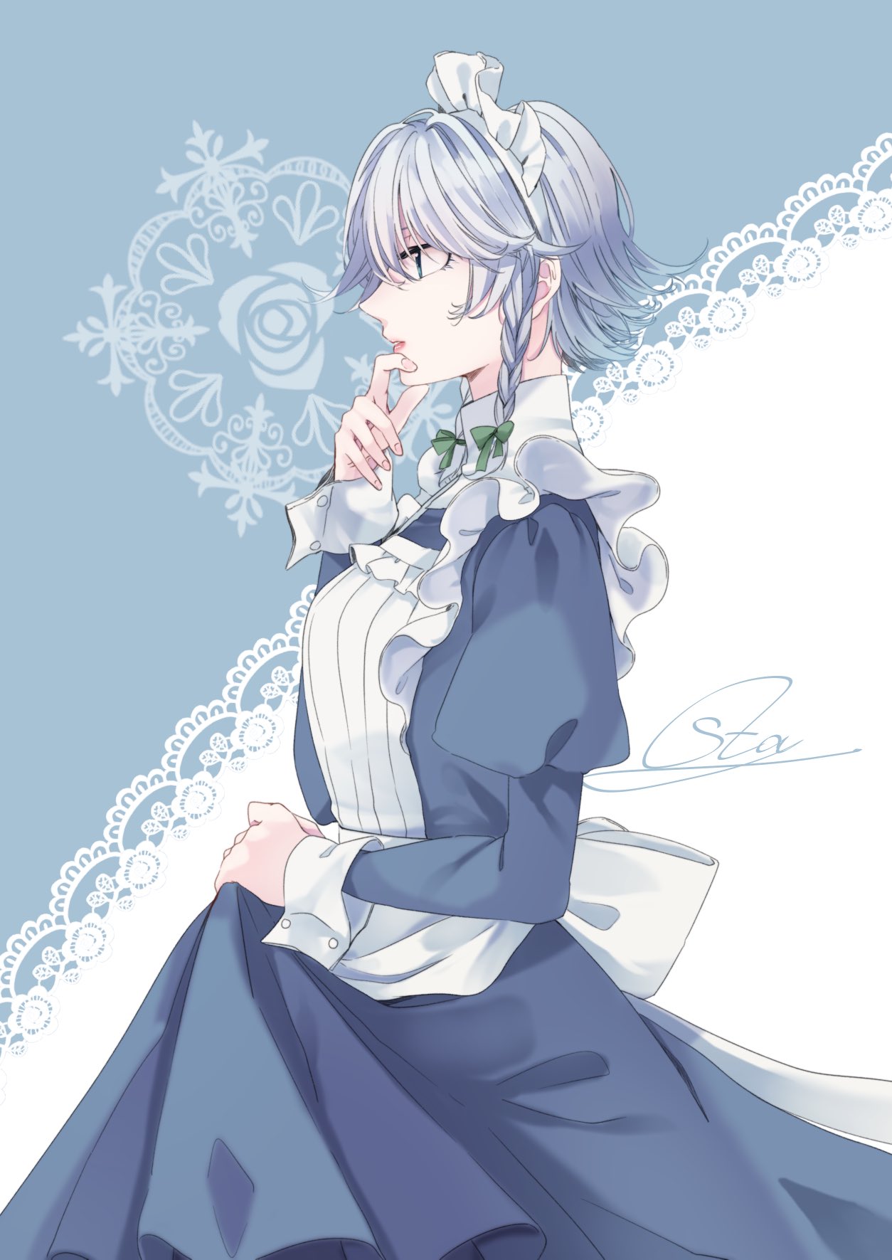 1girl apron artist_name bangs blue_background blue_dress blue_eyes bow braid breasts commentary cowboy_shot dress from_side green_bow hair_bow hand_on_own_chin hand_up highres izayoi_sakuya juliet_sleeves lace_trim large_breasts long_sleeves maid maid_apron maid_headdress profile puffy_sleeves short_hair signature silver_hair skirt_hold solo souta_(karasu_no_ouchi) touhou twin_braids two-tone_background white_apron white_background