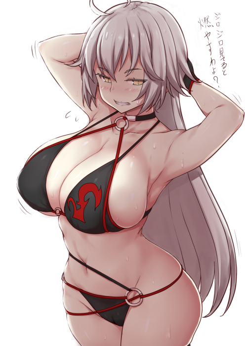 1girl ahoge armpits arms_behind_head bare_shoulders bikini black_bikini black_choker black_gloves blush breasts choker collarbone commentary_request cowboy_shot eyebrows_visible_through_hair fate/apocrypha fate/grand_order fate_(series) gloves hair_between_eyes huge_breasts jeanne_d'arc_(alter)_(fate) jeanne_d'arc_(alter_swimsuit_berserker) jeanne_d'arc_(fate)_(all) jema long_hair looking_at_viewer midriff motion_lines navel o-ring o-ring_bikini o-ring_bottom o-ring_top sideboob silver_hair skindentation slit_pupils solo swimsuit thick_thighs thighs translated type-moon under_boob very_long_hair white_background yellow_eyes