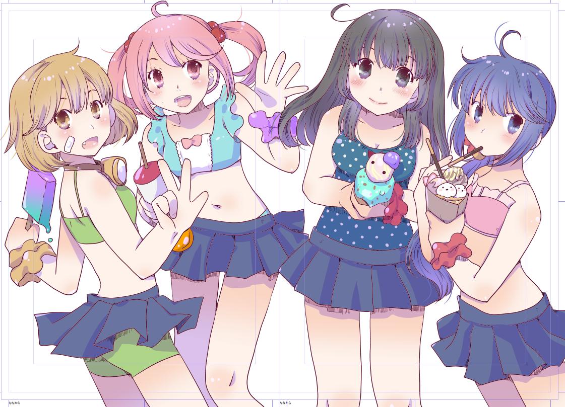 4girls ahoge akebono_(kantai_collection) bandaid bandaid_on_face bell black_hair blue_eyes blue_hair blue_skirt blue_swimsuit brown_eyes brown_hair commentary_request cowboy_shot diving_mask diving_mask_around_neck drink fang flower food green_shorts hair_bell hair_bobbles hair_flower hair_ornament ice_cream jingle_bell kantai_collection long_hair multiple_girls oboro_(kantai_collection) okosama_lunch_(sendan) one-piece_swimsuit open_mouth pink_bikini_top pink_eyes pink_hair pleated_skirt polka_dot polka_dot_swimsuit popsicle sazanami_(kantai_collection) scrunchie short_hair shorts shorts_under_skirt side_ponytail simple_background skirt swimsuit twintails ushio_(kantai_collection) very_long_hair waving white_background wrist_scrunchie