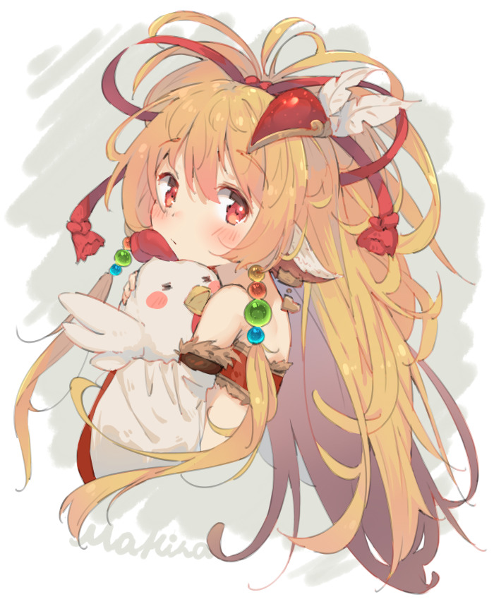 1girl animal animal_ears bandeau bare_shoulders bird blonde_hair blush character_name chicken detached_sleeves eip_(pepai) granblue_fantasy hair_ornament harvin holding holding_animal long_hair looking_at_viewer mahira_(granblue_fantasy) orange_hair red_eyes simple_background solo upper_body white_background wide_sleeves