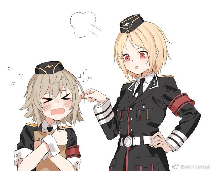 &gt;_&lt; 2girls blonde_hair blush brown_hair chocolint closed_eyes commentary_request ear_pull file flying_sweatdrops girls_frontline hat korean_commentary military military_hat military_uniform mp40_(girls_frontline) mp41_(girls_frontline) multiple_girls necktie open_mouth pinching uniform wavy_mouth wehrmacht