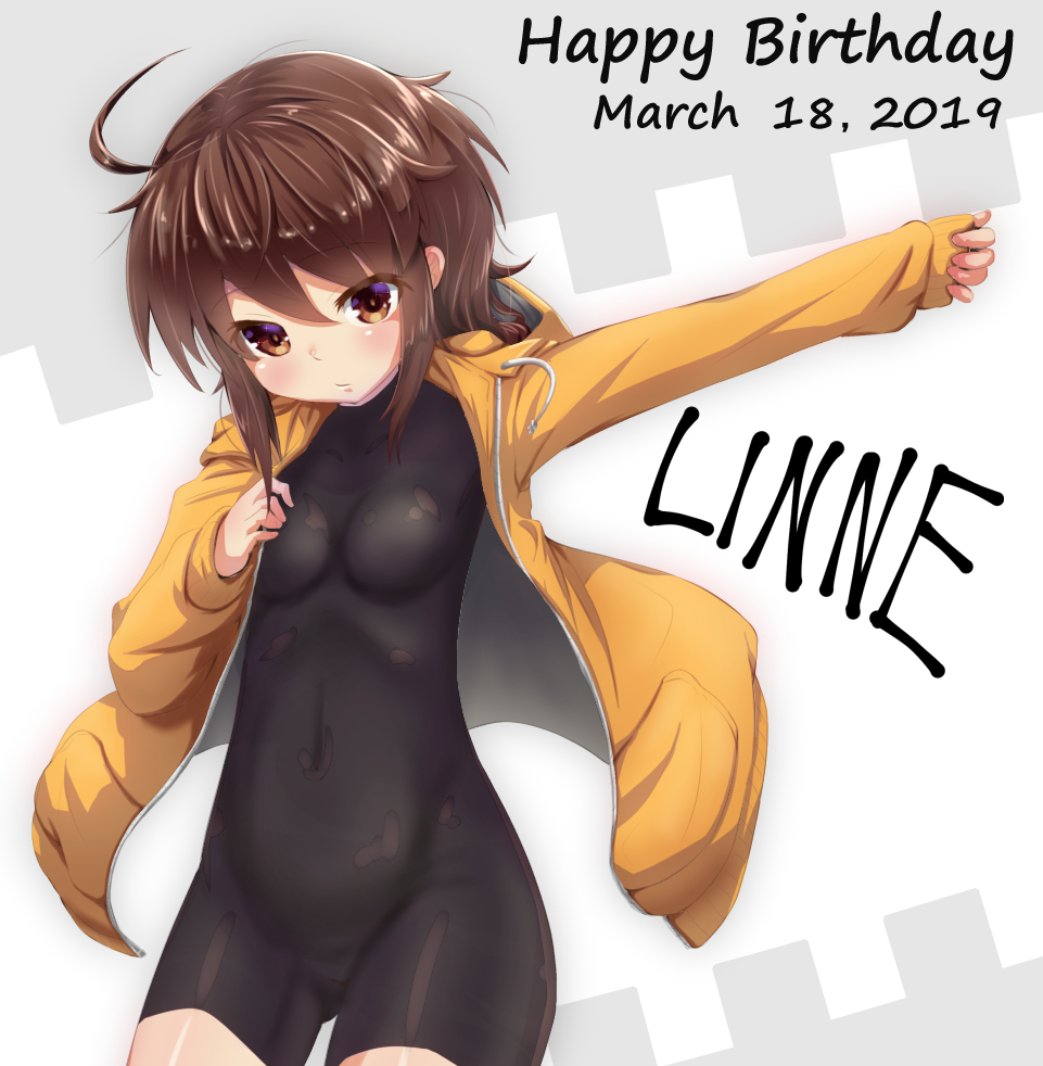 1girl 2019 ahoge bangs breasts brown_eyes brown_hair character_name closed_mouth covered_navel drawstring eyebrows_visible_through_hair hair_between_eyes happy_birthday hood hood_down hooded_jacket jacket linne long_sleeves looking_at_viewer medium_breasts open_clothes open_jacket rabittofaa short_hair short_jumpsuit sleeves_past_wrists solo under_night_in-birth yellow_jacket