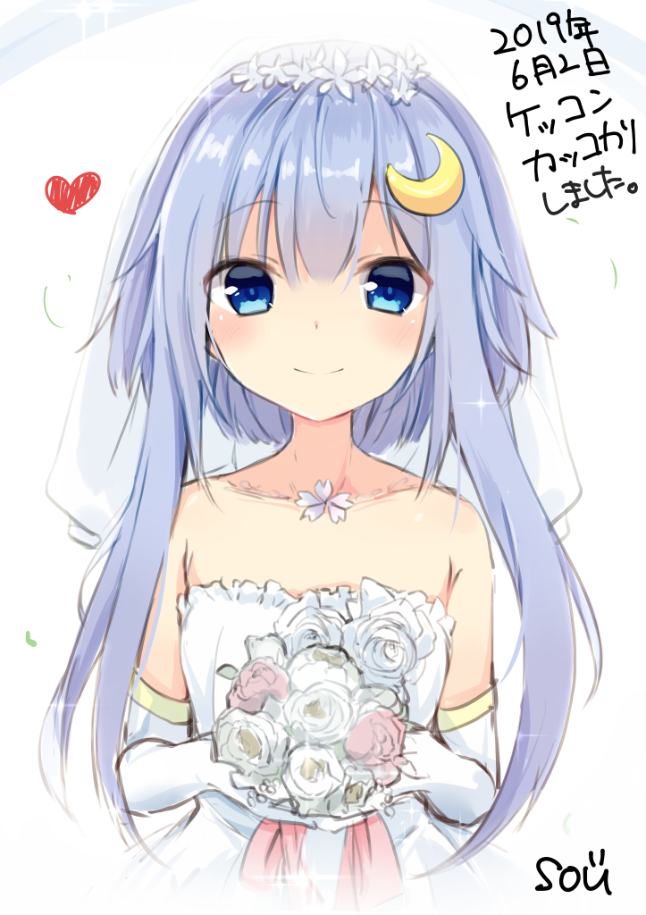 1girl blue_eyes blush bouquet closed_mouth crescent crescent_moon_pin dated dress elbow_gloves flower frills gloves heart kantai_collection looking_at_viewer purple_hair rose short_hair_with_long_locks smile solo sou_(soutennkouchi) tiara wedding wedding_dress white_dress white_flower white_gloves yayoi_(kantai_collection)