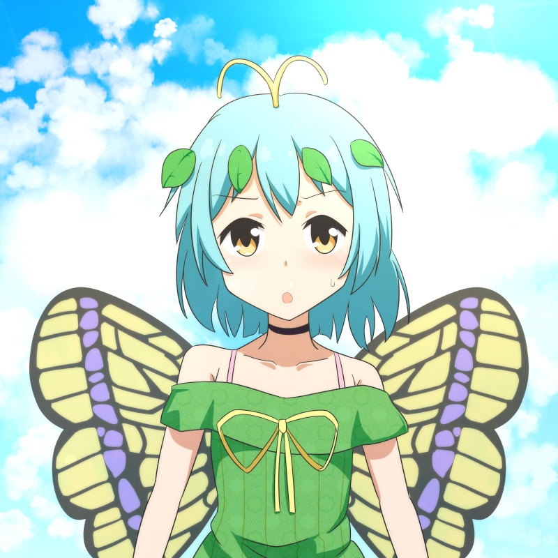 1girl :o alternate_costume antennae bangs bare_shoulders black_choker blue_hair blue_sky blush bra_strap butterfly_wings cato_(monocatienus) choker clouds commentary_request day dress eternity_larva eyebrows_visible_through_hair green_dress leaf looking_at_viewer off-shoulder_dress off_shoulder open_mouth outdoors ribbon short_hair sky solo sweat touhou upper_body wings yellow_eyes yellow_ribbon