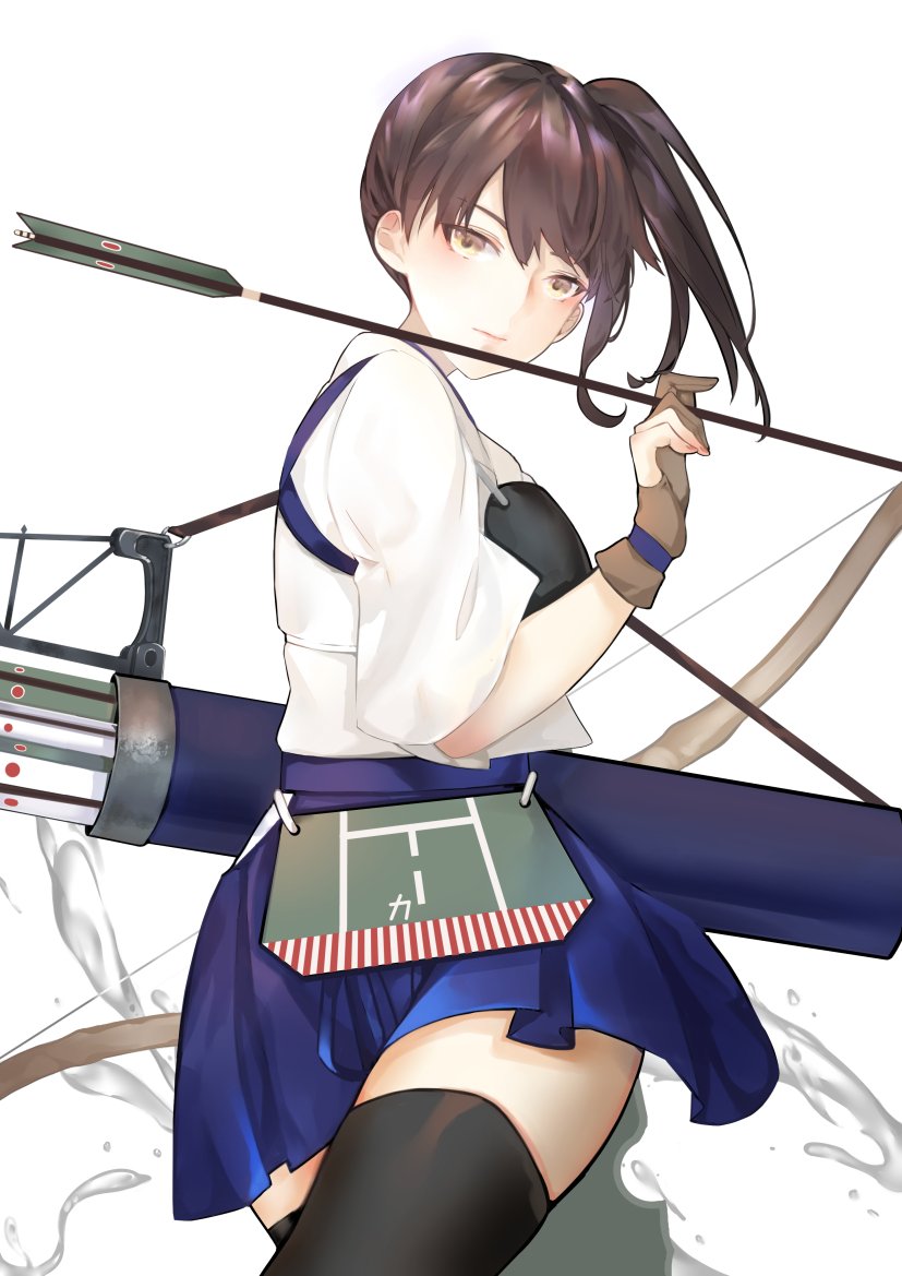 apron bow_(weapon) brown_eyes brown_hair commentary_request hakama hakama_skirt japanese_clothes kaga_(kantai_collection) kantai_collection long_hair muneate nello_(luminous_darkness) quiver shield side_ponytail splashing tasuki thigh-highs tsurime water weapon white_background yumi_(bow)