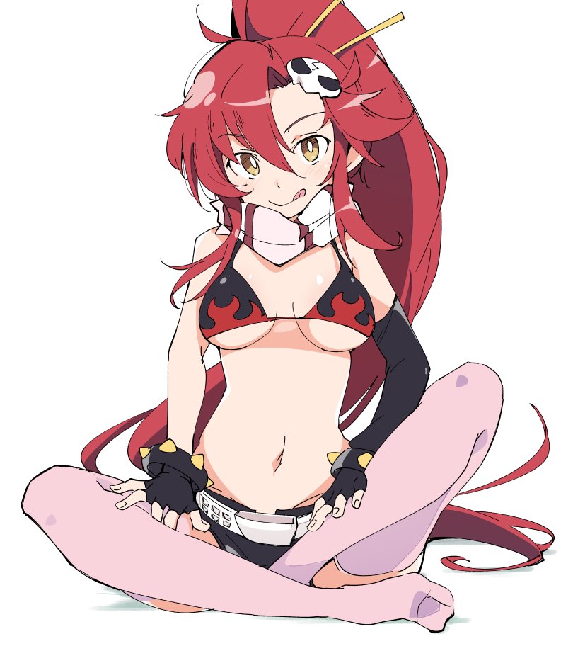1girl :q belt bikini_top black_gloves breasts eyebrows_visible_through_hair fingerless_gloves gloves hair_ornament indian_style ixy long_hair looking_at_viewer medium_breasts navel pink_legwear ponytail redhead scarf simple_background sitting skull_hair_ornament smile solo tengen_toppa_gurren_lagann thigh-highs tongue tongue_out very_long_hair white_background yellow_eyes yoko_littner