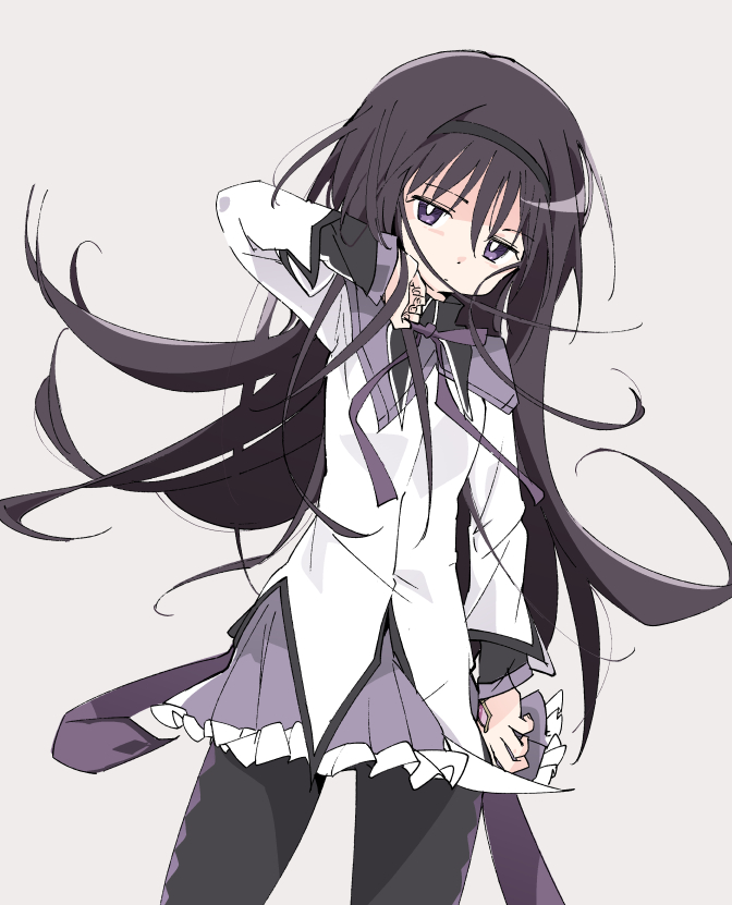 1girl akemi_homura black_hair black_hairband black_legwear grey_background hairband ixy long_hair long_sleeves looking_at_viewer magical_girl mahou_shoujo_madoka_magica pantyhose purple_skirt simple_background skirt solo standing violet_eyes