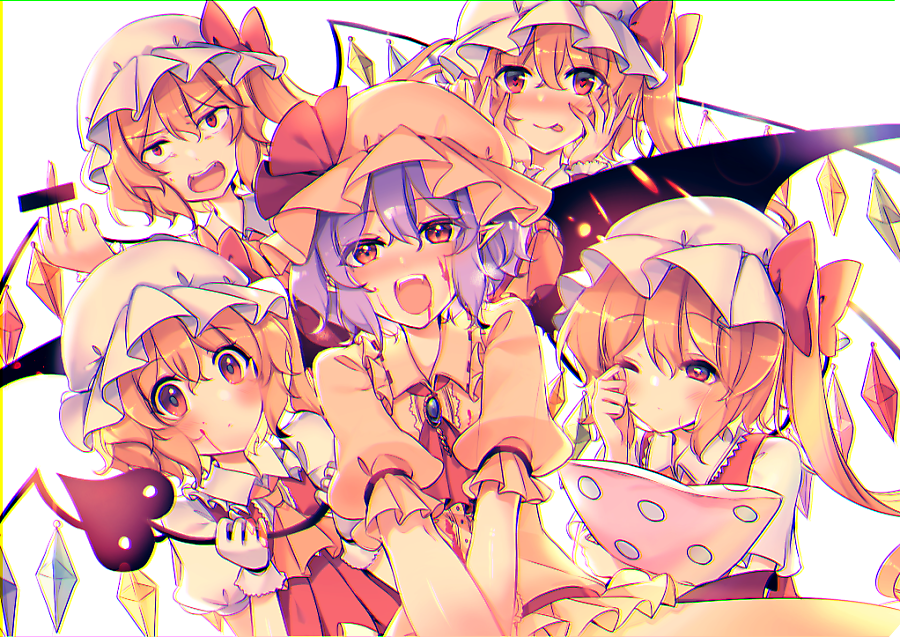 5girls :p ascot bangs bar_censor bat_wings blonde_hair blood blood_on_face blush bow brooch censored commentary_request crystal dress eyebrows_visible_through_hair fangs flandre_scarlet four_of_a_kind_(touhou) frilled_shirt_collar frills gloves hair_between_eyes hand_up hands_up hat hat_bow hat_ribbon holding holding_pillow jewelry kirero laevatein lavender_hair long_hair middle_finger mob_cap multiple_girls multiple_persona nose_blush one_eye_closed one_side_up open_mouth pillow pink_dress pink_headwear pointless_censoring pointy_ears polka_dot puffy_short_sleeves puffy_sleeves red_bow red_eyes red_neckwear red_ribbon red_vest remilia_scarlet ribbon rubbing_eyes shirt short_hair short_sleeves siblings simple_background sisters smile tongue tongue_out touhou upper_body vest white_background white_gloves white_headwear white_shirt wings wrist_cuffs yellow_neckwear