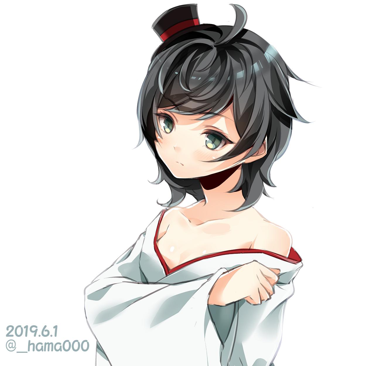 1girl ahoge bangs bare_shoulders black_hair collarbone commentary_request dated furisode green_eyes hama_(_hama000) hat highres japanese_clothes kantai_collection kimono looking_at_viewer matsukaze_(kantai_collection) meiji_schoolgirl_uniform mini_hat mini_top_hat short_hair simple_background solo swept_bangs top_hat twitter_username upper_body wavy_hair white_background white_kimono