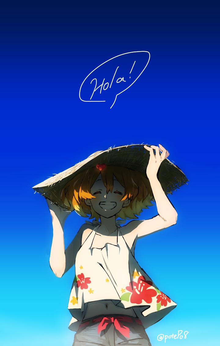 1girl belt blonde_hair blue_background blue_shorts blue_sky brown_hair closed_eyes collarbone freyja_wion from_below gradient gradient_background gradient_sky grey_headwear grin hair_between_eyes hair_ornament hands_on_headwear hat heart heart_hair_ornament hibiscus_print macross macross_delta midriff multicolored_hair navel pote-mm red_belt shirt short_hair short_shorts shorts sky sleeveless sleeveless_shirt smile solo speech_bubble standing stomach straw_hat sun_hat twitter_username two-tone_hair white_shirt